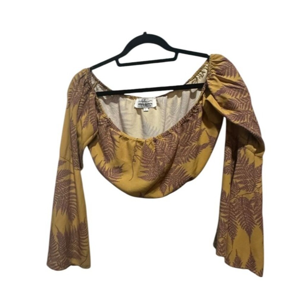 Simply Sisters Lola Fern Pattern Gold Top Sz Large Hilo Hawaii Boho Long Sleeve